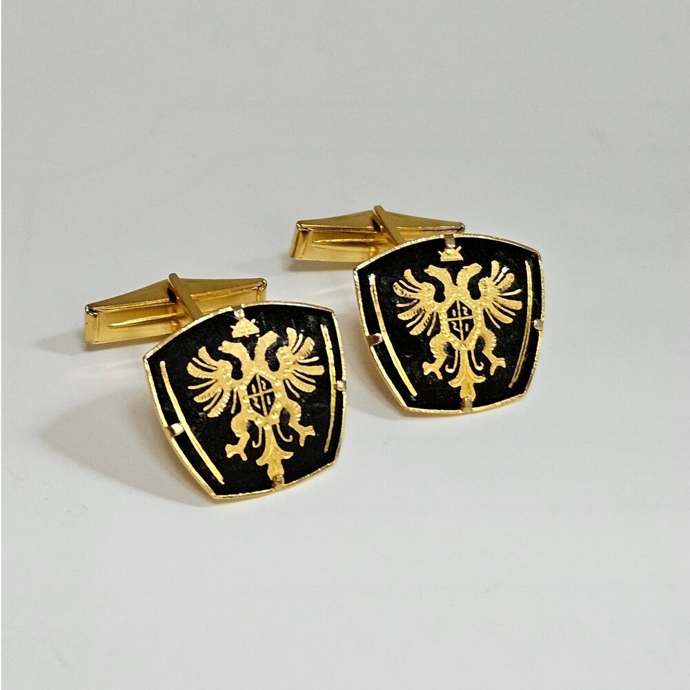 Vintage MCM Double Headed Eagle Cufflinks | Black & Gold Toledo Spanish Works